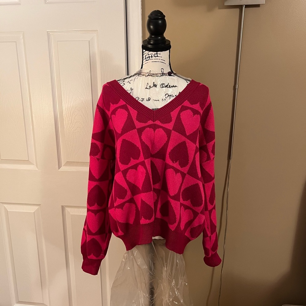Beach Riot Joey Heart V-Neck Sweater - Pink L